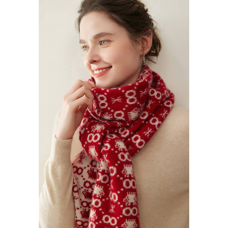 Women's Christmas Patterned Double-Sided 100% Cashmere Scarf