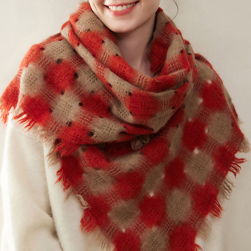 Women's Colorblock Checkered Plaid Patterned 100% Cashmere Scarf with Fringe CP057