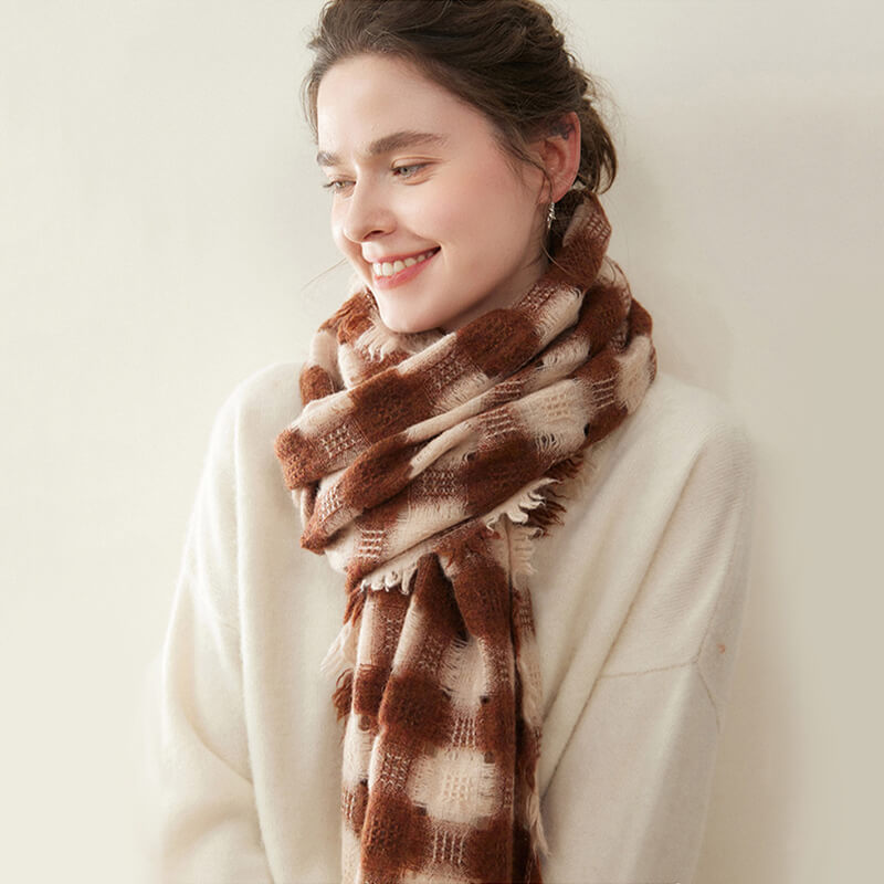 Women's Colorblock Checkered Plaid Patterned 100% Cashmere Scarf with Fringe CP057