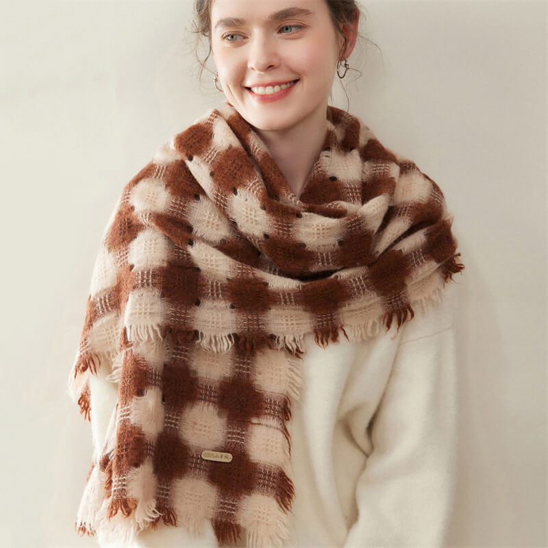 Women's Colorblock Checkered Plaid Patterned 100% Cashmere Scarf with Fringe CP057