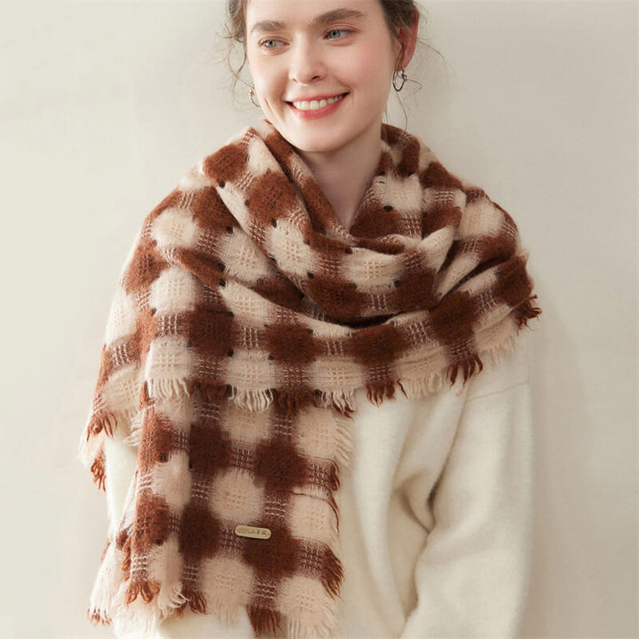 Women's Colorblock Checkered Plaid Patterned 100% Cashmere Scarf with Fringe CP057