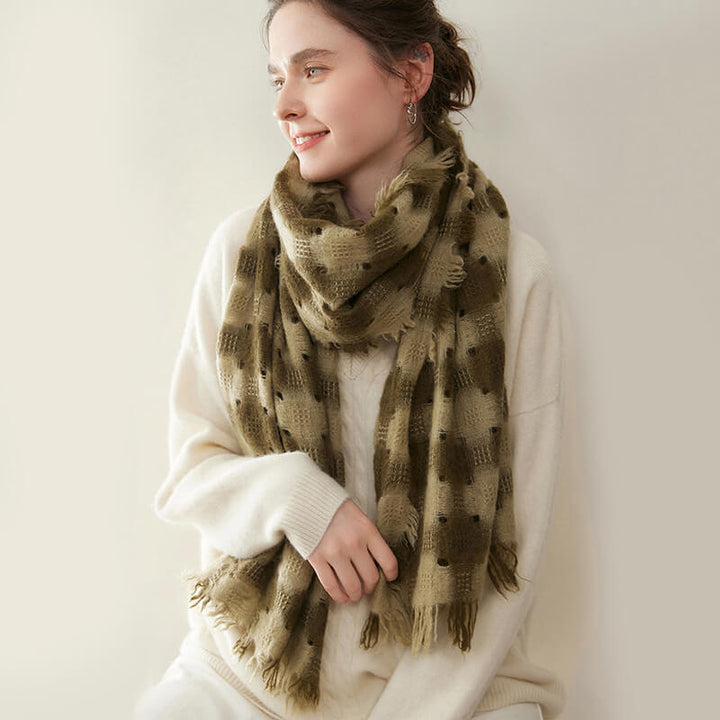 Women's Colorblock Checkered Plaid Patterned 100% Cashmere Scarf with Fringe CP057
