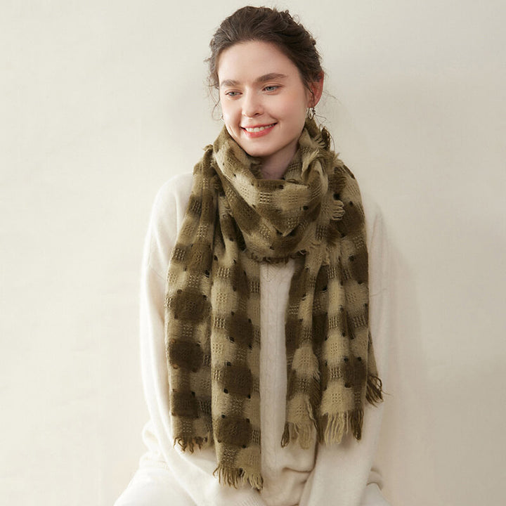 Women's Colorblock Checkered Plaid Patterned 100% Cashmere Scarf with Fringe CP057