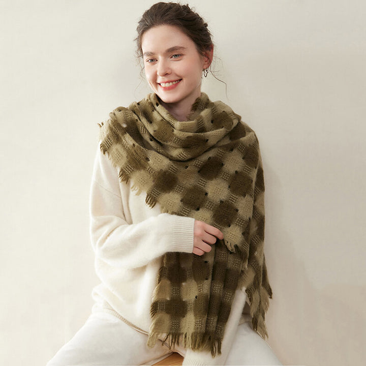 Women's Colorblock Checkered Plaid Patterned 100% Cashmere Scarf with Fringe CP057
