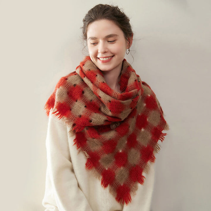 Women's Colorblock Checkered Plaid Patterned 100% Cashmere Scarf with Fringe CP057