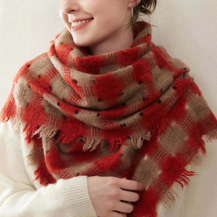 Women's Colorblock Checkered Plaid Patterned 100% Cashmere Scarf with Fringe CP057