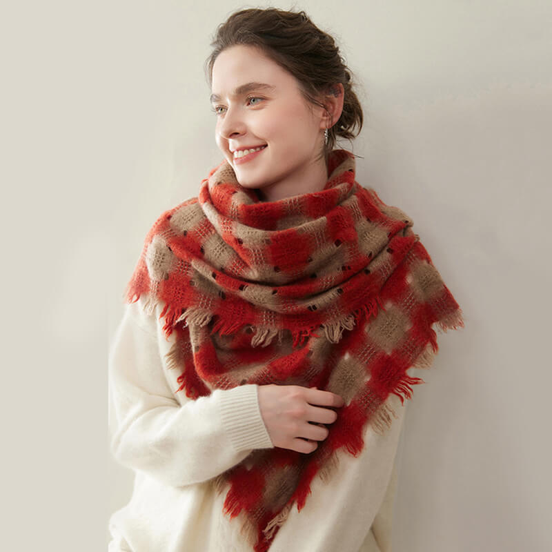 Women's Colorblock Checkered Plaid Patterned 100% Cashmere Scarf with Fringe CP057
