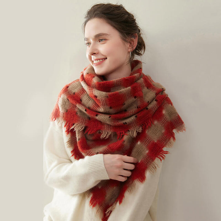 Women's Colorblock Checkered Plaid Patterned 100% Cashmere Scarf with Fringe CP057