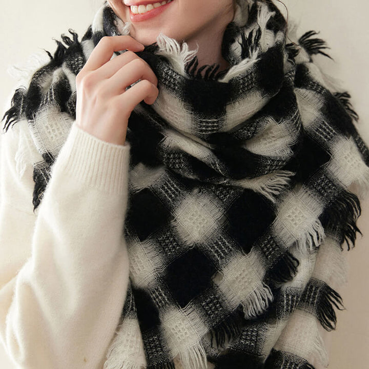 Women's Colorblock Checkered Plaid Patterned 100% Cashmere Scarf with Fringe CP057