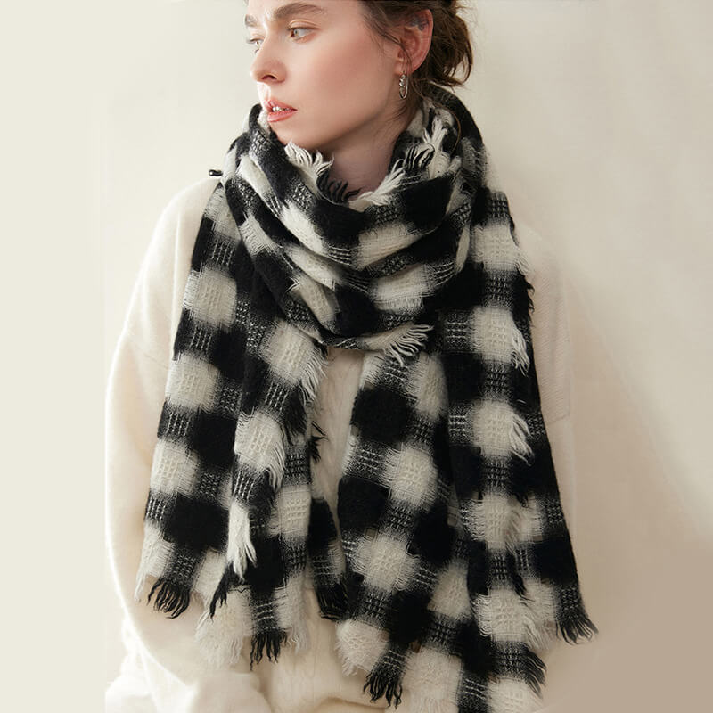 Women's Colorblock Checkered Plaid Patterned 100% Cashmere Scarf with Fringe CP057
