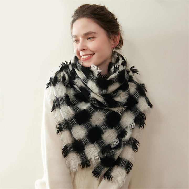 Women's Colorblock Checkered Plaid Patterned 100% Cashmere Scarf with Fringe CP057