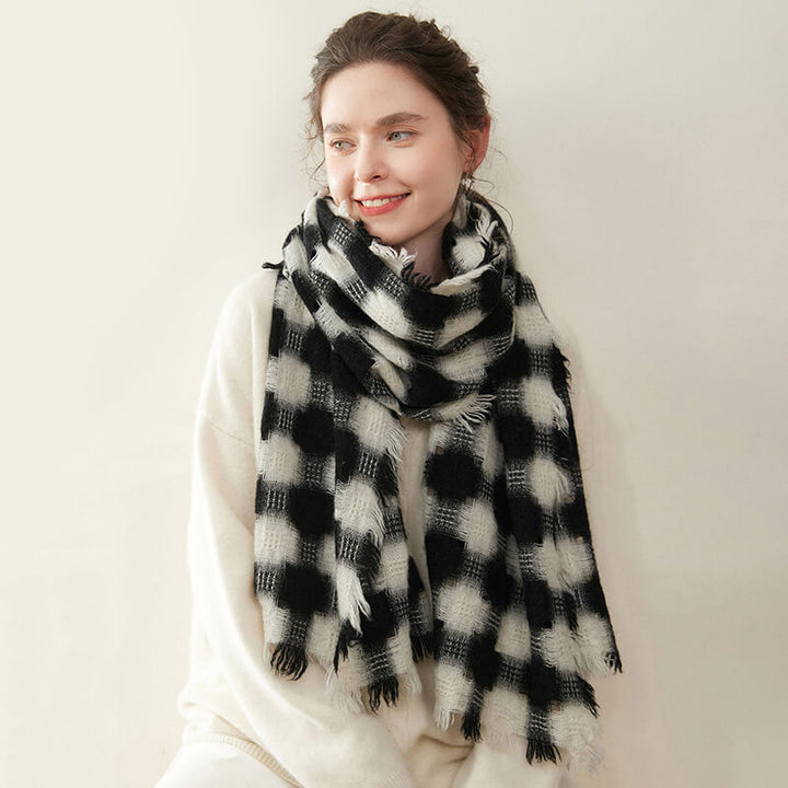 Women's Colorblock Checkered Plaid Patterned 100% Cashmere Scarf with Fringe CP057