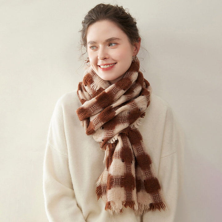 Women's Colorblock Checkered Plaid Patterned 100% Cashmere Scarf with Fringe CP057