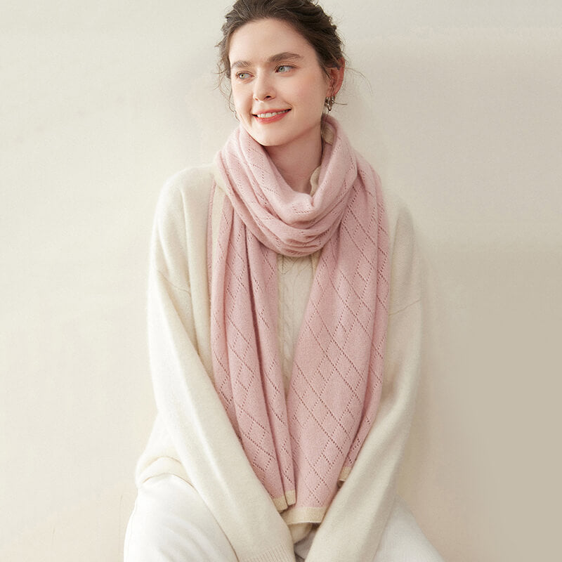 Women's Diamond Pattern 100% Cashmere Shawl Scarf with Contrasted Trim CP060