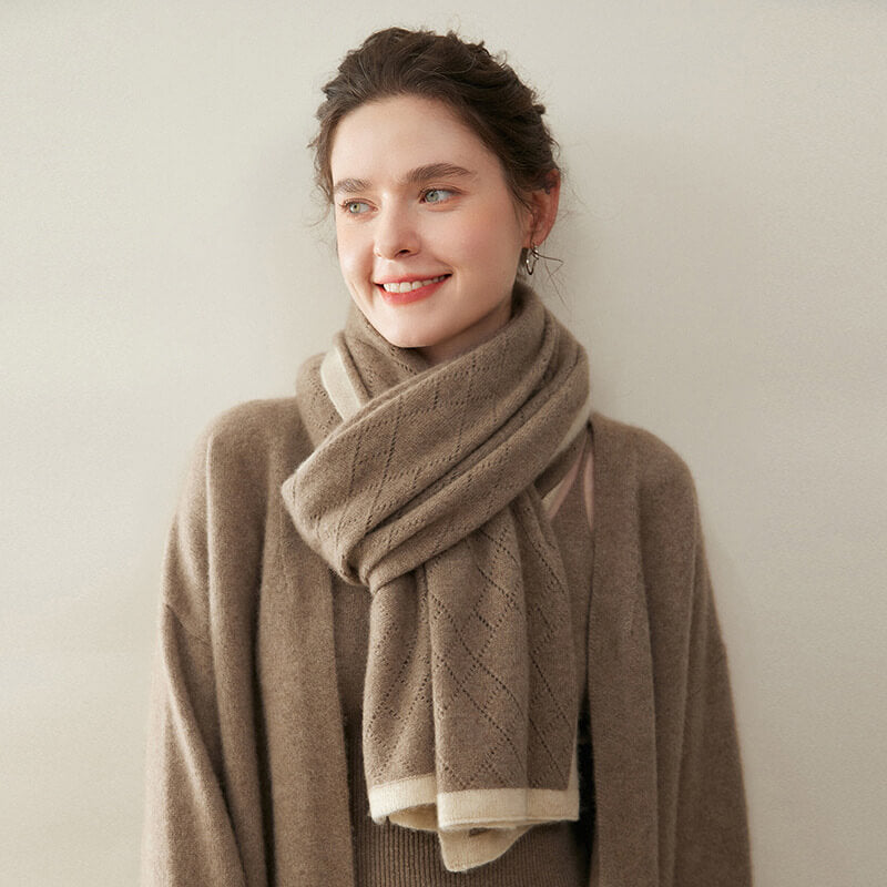 Women's Diamond Pattern 100% Cashmere Shawl Scarf with Contrasted Trim CP060