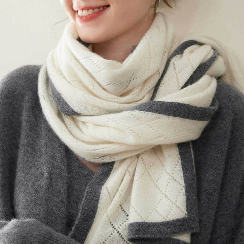 Women's Diamond Pattern 100% Cashmere Shawl Scarf with Contrasted Trim CP060