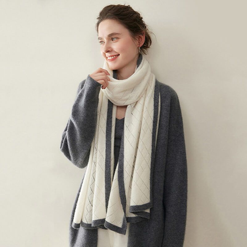 Women's Diamond Pattern 100% Cashmere Shawl Scarf with Contrasted Trim CP060