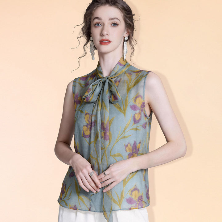 Women's Dusty Blue Purple Floral Printed Tie-Neck Sleeveless Silk Crepe Shirt