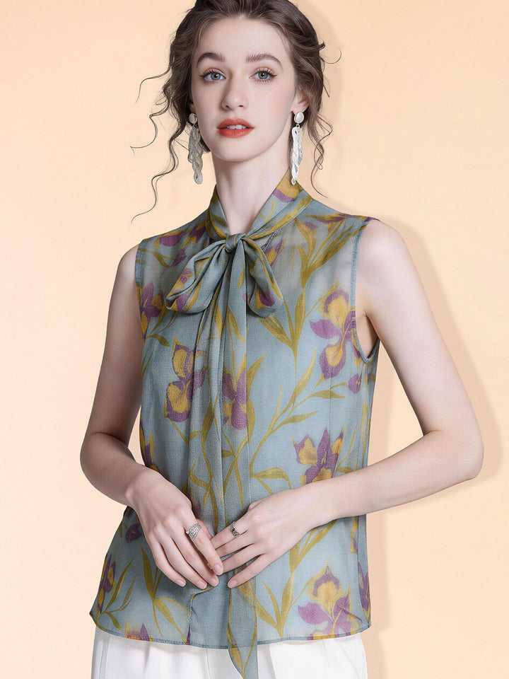 Women's Dusty Blue Purple Floral Printed Tie-Neck Sleeveless Silk Crepe Shirt