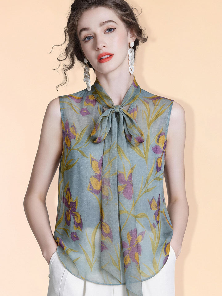 Women's Dusty Blue Purple Floral Printed Tie-Neck Sleeveless Silk Crepe Shirt
