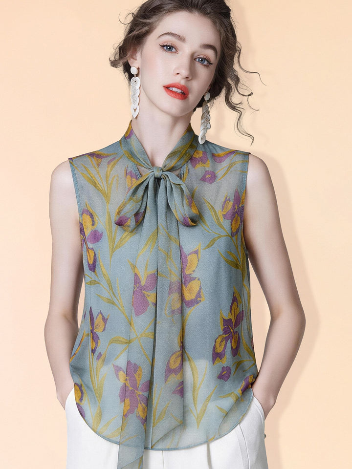 Women's Dusty Blue Purple Floral Printed Tie-Neck Sleeveless Silk Crepe Shirt