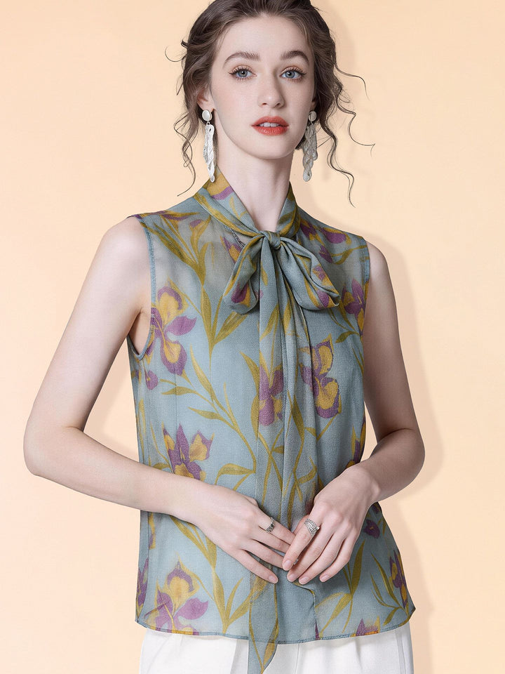 Women's Dusty Blue Purple Floral Printed Tie-Neck Sleeveless Silk Crepe Shirt