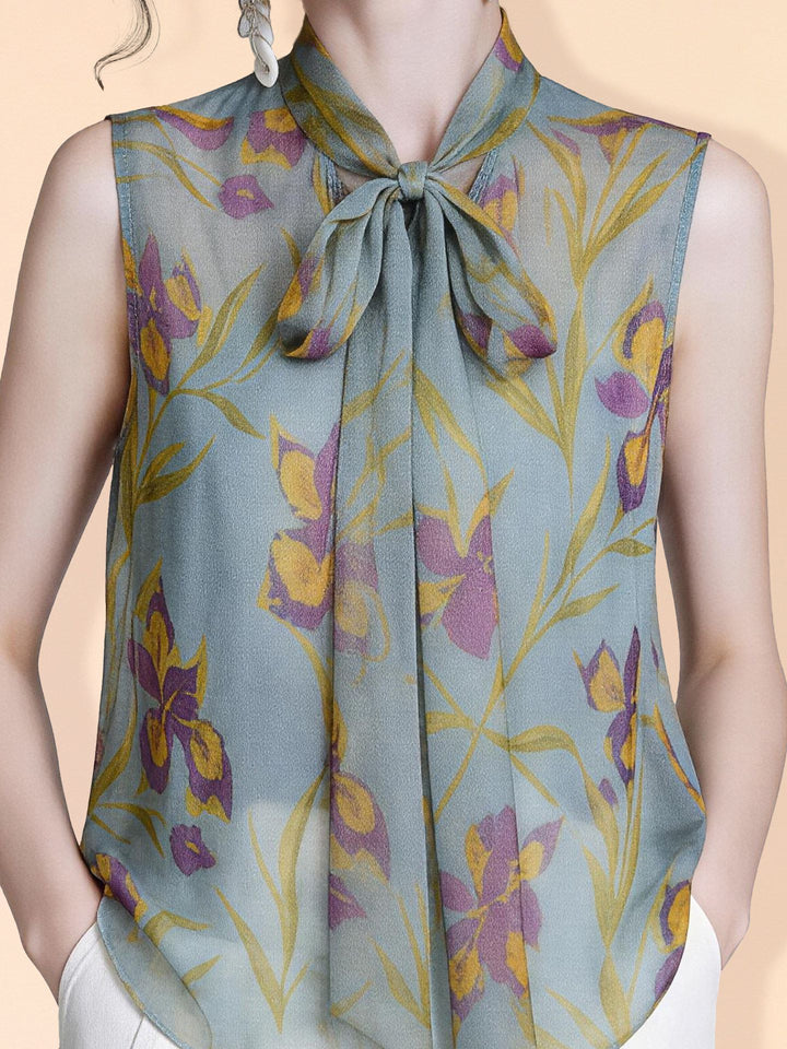 Women's Dusty Blue Purple Floral Printed Tie-Neck Sleeveless Silk Crepe Shirt