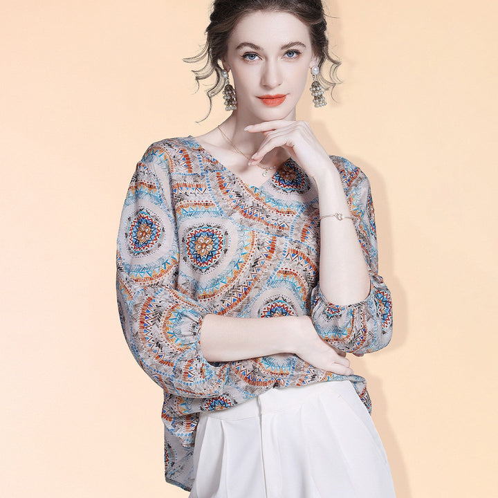 Women's Elegant Boho Printed V-Neck 3/4 Sleeve Summer Silk Blouse Shirt