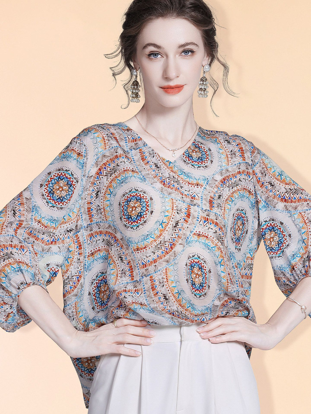 Women's Elegant Boho Printed V-Neck 3/4 Sleeve Summer Silk Blouse Shirt