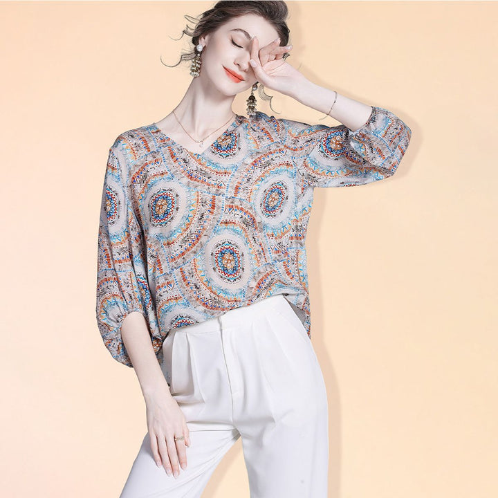 Women's Elegant Boho Printed V-Neck 3/4 Sleeve Summer Silk Blouse Shirt