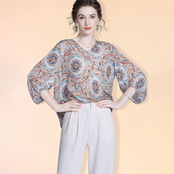 Women's Elegant Boho Printed V-Neck 3/4 Sleeve Summer Silk Blouse Shirt