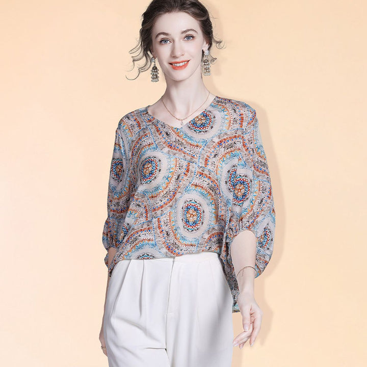 Women's Elegant Boho Printed V-Neck 3/4 Sleeve Summer Silk Blouse Shirt
