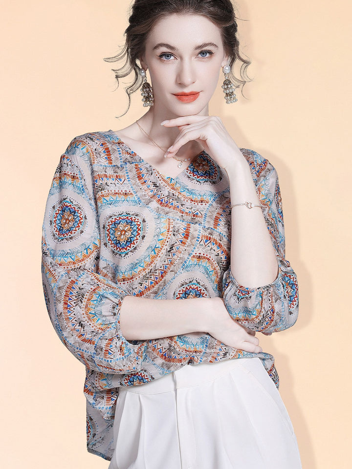 Women's Elegant Boho Printed V-Neck 3/4 Sleeve Summer Silk Blouse Shirt