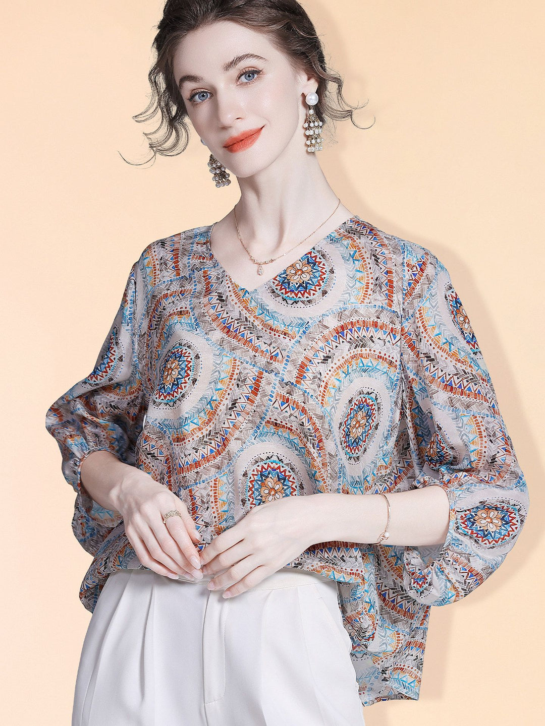 Women's Elegant Boho Printed V-Neck 3/4 Sleeve Summer Silk Blouse Shirt
