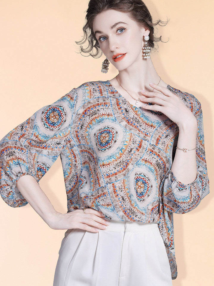 Women's Elegant Boho Printed V-Neck 3/4 Sleeve Summer Silk Blouse Shirt