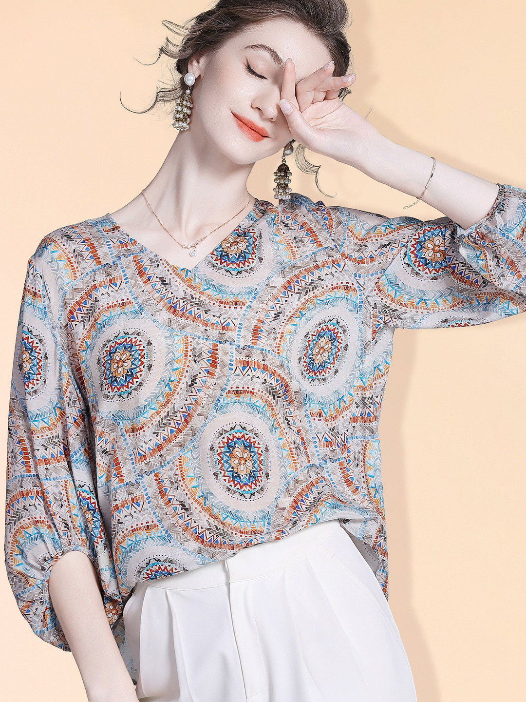 Women's Elegant Boho Printed V-Neck 3/4 Sleeve Summer Silk Blouse Shirt