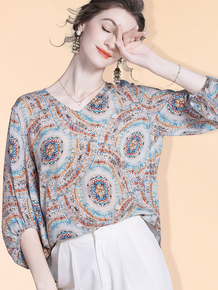 Women's Elegant Boho Printed V-Neck 3/4 Sleeve Summer Silk Blouse Shirt