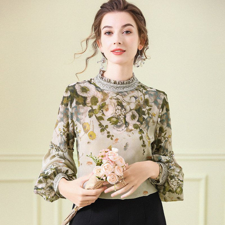 Women's Elegant Dusty Green Mock Neck Floral Lattern Sleeve Silk Blouse Top