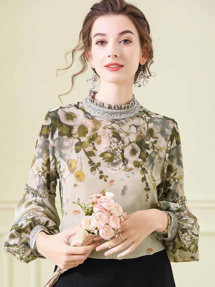 Women's Elegant Dusty Green Mock Neck Floral Lattern Sleeve Silk Blouse Top