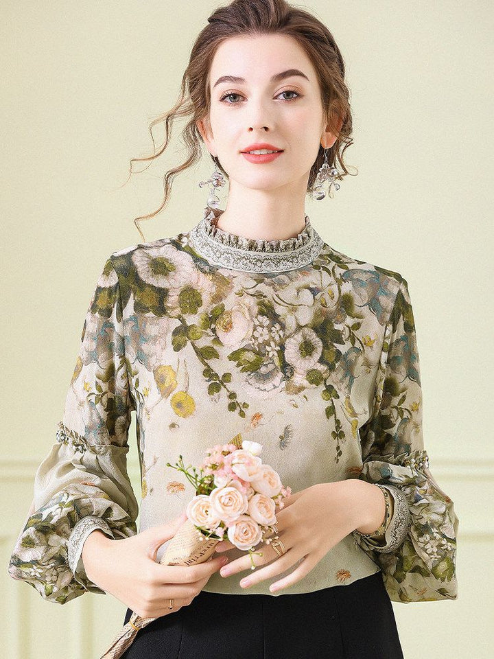 Women's Elegant Dusty Green Mock Neck Floral Lattern Sleeve Silk Blouse Top