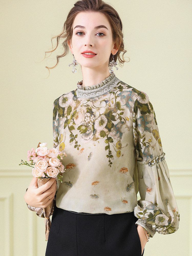 Women's Elegant Dusty Green Mock Neck Floral Lattern Sleeve Silk Blouse Top