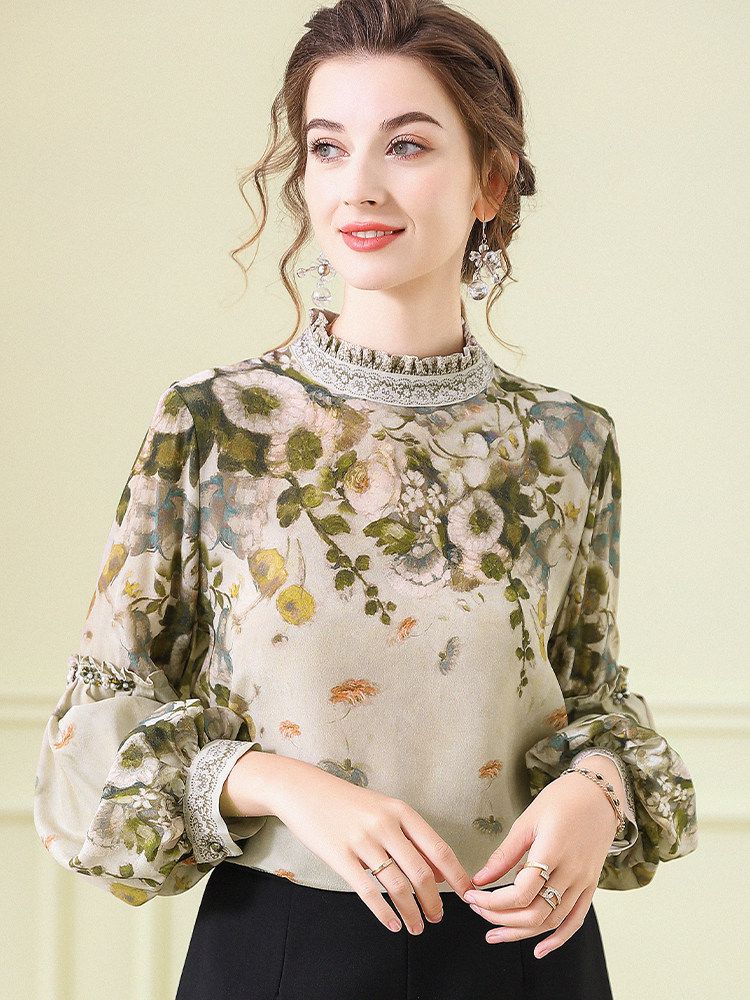 Women's Elegant Dusty Green Mock Neck Floral Lattern Sleeve Silk Blouse Top