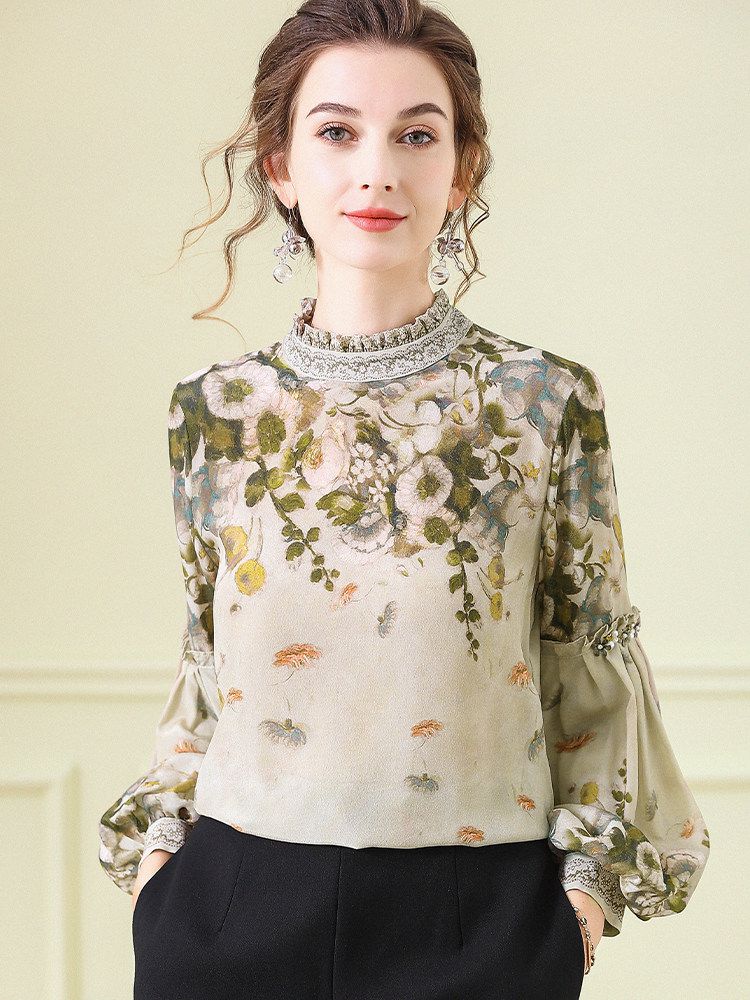 Women's Elegant Dusty Green Mock Neck Floral Lattern Sleeve Silk Blouse Top