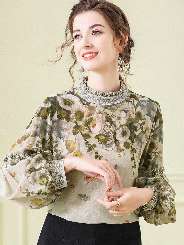 Women's Elegant Dusty Green Mock Neck Floral Lattern Sleeve Silk Blouse Top