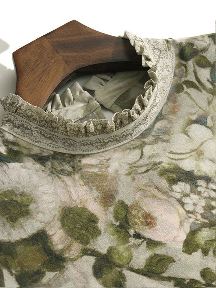 Women's Elegant Dusty Green Mock Neck Floral Lattern Sleeve Silk Blouse Top