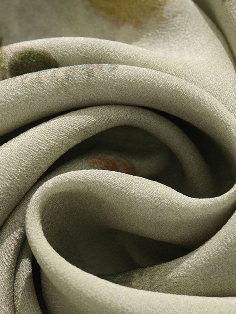 Women's Elegant Dusty Green Mock Neck Floral Lattern Sleeve Silk Blouse Top