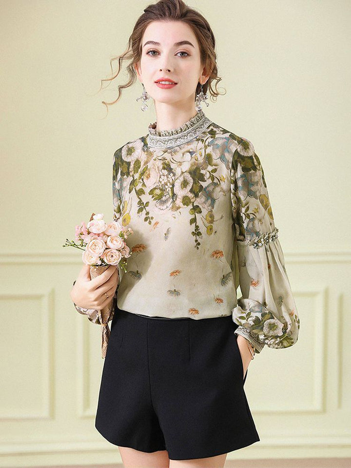 Women's Elegant Dusty Green Mock Neck Floral Lattern Sleeve Silk Blouse Top