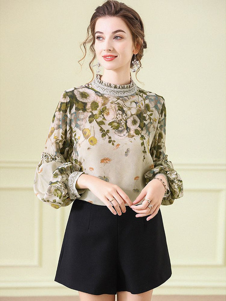 Women's Elegant Dusty Green Mock Neck Floral Lattern Sleeve Silk Blouse Top