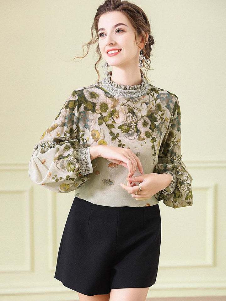 Women's Elegant Dusty Green Mock Neck Floral Lattern Sleeve Silk Blouse Top