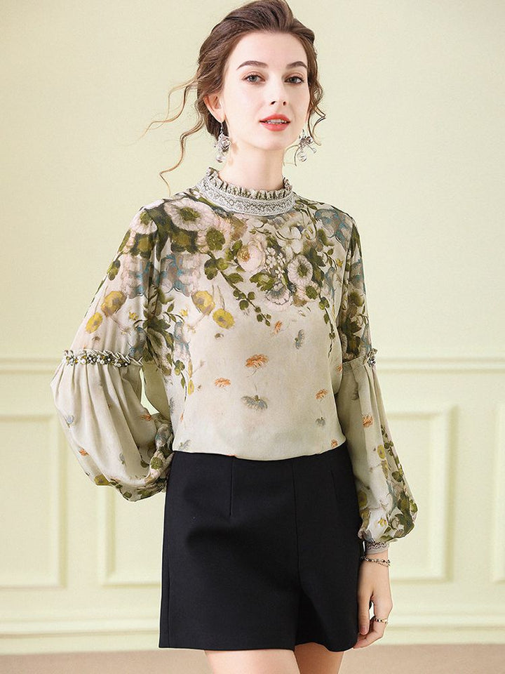 Women's Elegant Dusty Green Mock Neck Floral Lattern Sleeve Silk Blouse Top